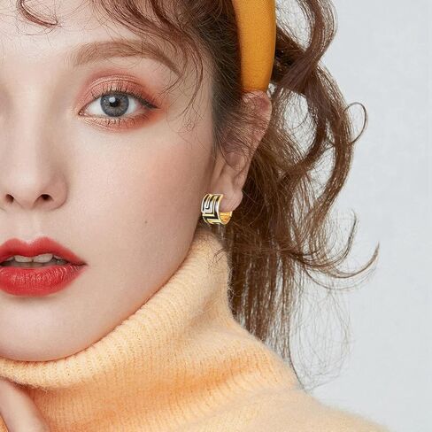 Asymmetric Open Small Gold Hoop Earrings for Women : Dainty 14K Gold Plated C Shaped Post Hoop Earrings Hypoallergenic Chunky Thick Huggie Hoop Earrings for Girls, Brass, Cubic Zirconia in Kuwait