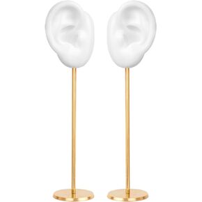 Earring Display Stand, Ear Shaped Piercing Stud Holder, Copper Round Base Silicone Body Mannequin Model Organizer, Navel Jewelry for Girl Women Shows Rack Birthday Wedding Decor (White, Left&Right)