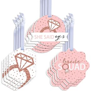 Big Dot of Happiness Bride Squad - Assorted Hanging Rose Gold Bridal Shower or Bachelorette Party Favor Tags - Gift Tag Toppers - Set of 12