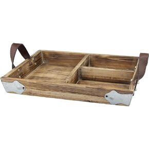 Stonebriar Rectangle Divided Wood Serving Tray with Brown Leather Handles, Rustic Butler Tray, Country Home Decor Accessories, Use for Serving Snacks or Displaying Utensils at Parties