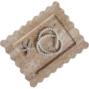 Natural Rectangle Travertine Tray, Scalloped Edge Marble Tray, Handmade Decorative Tray, Nightstand and Desk Wave Tray (Beige Travertine)