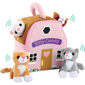 Etna Meowing Cat Condo Toy Playset with Sounds, 5 Piece Small Stuffed Cats and Kittens