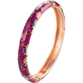 UJOY Vintage Cloisonne Bangle Red Color Golden Flower Enamel Bracelet 2.4'' Spring Hinged Openable Cuffs