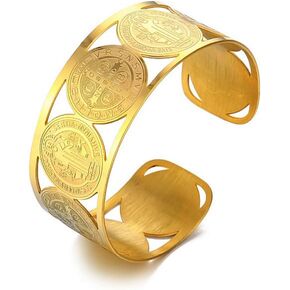 Cross St. Benedict Christian Bracelet, Virgin Mary Catholic Stainless Steel Cuff Bangle