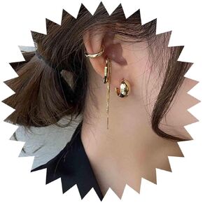 Vintage Chunky Gold Hoops Earrings Gold Tassel Chain Dangle Earrings Wide Hoop Ear Cuff Earrings Set Punk Personlized Thick Earrings Jewelry for Women and Girls