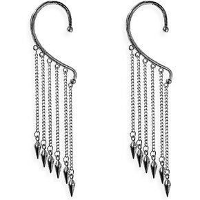 Unique Trendy Multi Gold Silver Punk Long Tassel Chain Cone Bullet One Ear Cuff 316L Stainless Steel Barrel Nails Crawler Climer Dangle Drop Earring for Women Girls Statement Jewelry Gifts