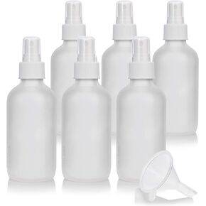 JUVITUS 4 oz Frosted Clear Glass Boston Round Bottle with Silver Lotion Pump (6 Pack) + Funnel