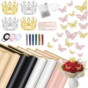 QAMEGX 20 Sheets Flower Wrapping Paper- 167Pcs Bouquet Wrapping Paper Sheets with 3D Butterflies, Crowns, Pin, Glitter Waterproof Floral Wrapping Paper Set for DIY Craft Wedding Mother's Day