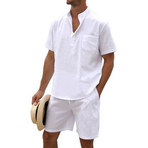 Men's Cotton Linen Set Henley Shirts Shorts outfits 2 Piece Beach Clothes Vacation Matching Suit Summer Wear