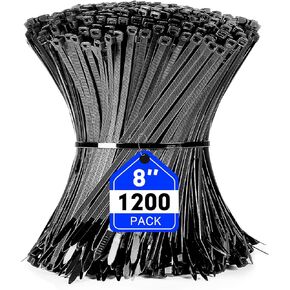 Zip Ties, RAZCC 1200pcs Black Cable Zip Ties 8 Inch, Heavy Duty Plastic Wire Ties with 50lb Tensile Strength, Self-Locking Black Nylon Tie Wraps for Indoor and Outdoor