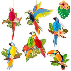 6 Pieces Hawaiian Tropical Parrot Honeycomb Decorations, Luau Party Decorations Paper Hanging Decorative Birds for Summer Rainforest Tiki Bar Beach Party Decoration Supplies Indoor Outdoor Decor