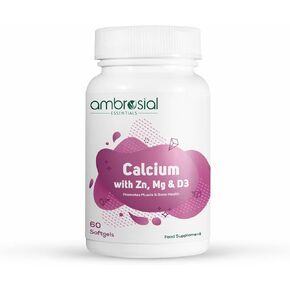 AMBROSIAL Calcium Magnesium Zinc & Vitamin D3 | High Potency Calcium Supplement for Healthy Bones Muscles & Teeth | Highly Bioavailable Calcium Citrate Formula 60 Softgels