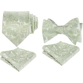 Alizeal Mens Sage Green Paisley Necktie with Pocket Square Set, Paisley Jacquard Self-Tie Bow Tie with Pocket Square Set