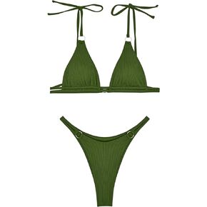 SweatyRocks Women's Bathing Suits Tie Straps Triangle Thong Bikini Set Ribbed Two Piece Swimsuit
