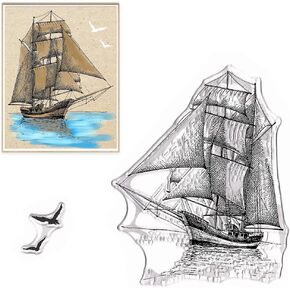 4 Big Ships Clear Stamps for Card Making, Sailing Shipping Trip Sailboats Clear Rubber Stamps Background Transparent Rubber Seal Stamps for DIY Photo Scrapbooking Card Album Crafting Supplies