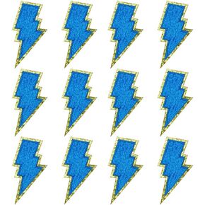 12 PCS Blue Lightning Patch Gold Edges Lightning Bolt Patch Chenille Iron On Patch Sew On Patch for DIY Hats Bags Jackets