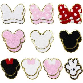 20Pcs Mouse Themed Patch, Pink Mouse Chenille Patches Gold Edges Bowknot Iron On Patch for Bags Hat DIY Clothing Repair