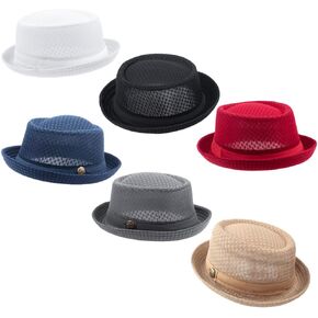 6Pcs Summer Mesh Pork Pie Hat Beach Party Fedora Cap Boater Porkpie Breaking Bad Flat Hat for Men Women Straw