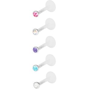 Forbidden Body Jewelry Pack of 5: 16g 8mm BioFlex Tragus Earrings, Helix Earrings and Labret Piercing Studs, 2.5mm CZ Crystals