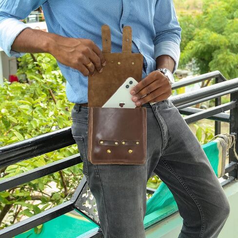 Leather Belt Pouch Waist Fanny Pack with Belt Loop Weekend Practical Party Festival Handmade Brown Small Unisex Waist Belt For Men & Women Bum Bags For Cell Phone (Dark Brown) in Kuwait