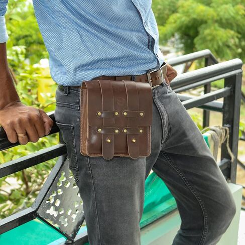 Leather Belt Pouch Waist Fanny Pack with Belt Loop Weekend Practical Party Festival Handmade Brown Small Unisex Waist Belt For Men & Women Bum Bags For Cell Phone (Dark Brown) in Kuwait