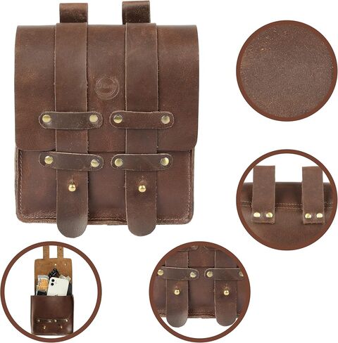 Leather Belt Pouch Waist Fanny Pack with Belt Loop Weekend Practical Party Festival Handmade Brown Small Unisex Waist Belt For Men & Women Bum Bags For Cell Phone (Dark Brown) in Kuwait