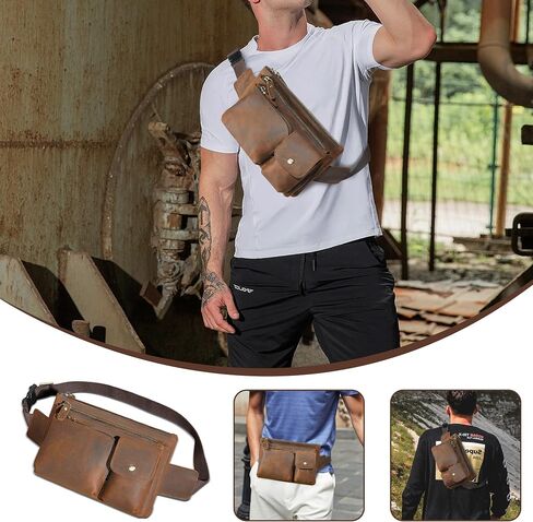 Thick Crazy Horse Leather Hiking Riding Travel Outdoor Belt Fanny Waist Pack Small Phone Pouch For Men Women 380 (381 Brown) in Saudi Arabia