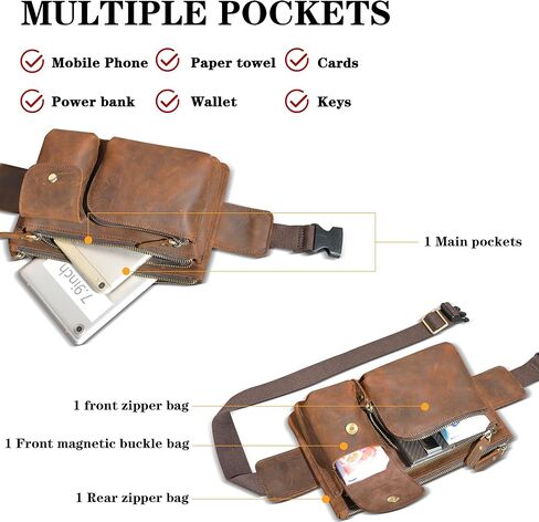 Thick Crazy Horse Leather Hiking Riding Travel Outdoor Belt Fanny Waist Pack Small Phone Pouch For Men Women 380 (381 Brown) in Saudi Arabia