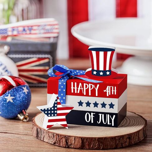 5 Pcs 4th of July Tiered Tray Decor Mini Wood Book Stack Independence Day Patriotic Americana Decorative Table Wood Sign for Home Memorial Day Party Decorations Office Veteran Day Gifts in Saudi Arabia
