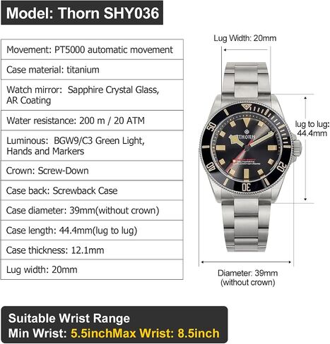 Thorn Watches for Men 39mm Titanium Dive Watch PT5000 Automatic Mechanical Sapphire Crystal Luminous 200M Water Resistant, SHY036 Blue in Saudi Arabia