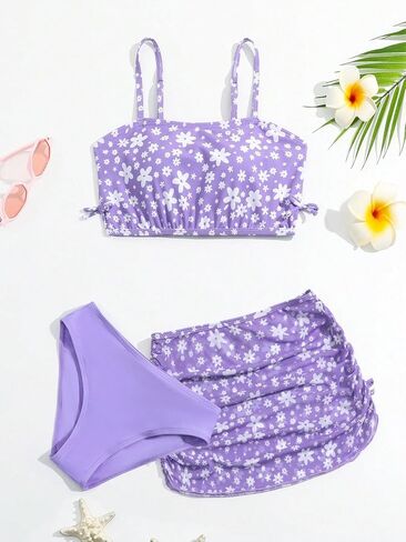 OYOANGLE Girl's 3 Piece Bikini Set Cute Floral Print Spaghetti Strap Swimsuit with Beach Skirts Cover Ups in Saudi Arabia
