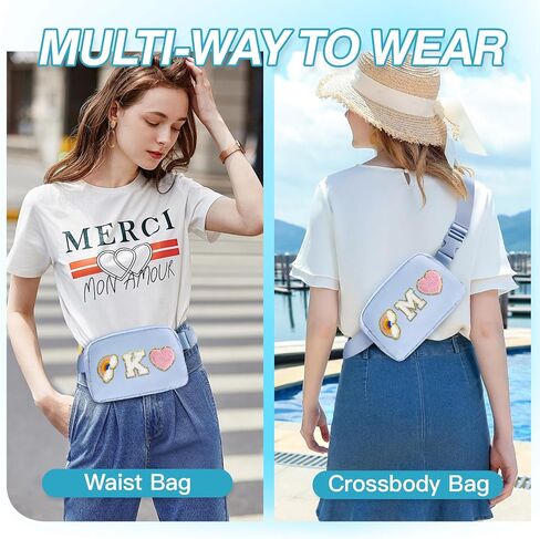 Personalized Belt Bag with Keychain, Fanny Pack for Girls Women, Initial Birthday Gifts for Teen Girls Mom, Crossbody Bag, Small Waist Packs, Travel Essential, Christmas Preppy Gifts (Blue A) in Saudi Arabia