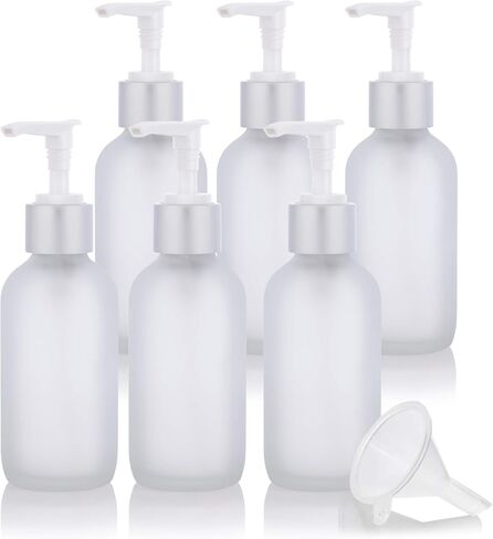 JUVITUS 4 oz Frosted Clear Glass Boston Round Bottle with Silver Lotion Pump (6 Pack) + Funnel in Saudi Arabia