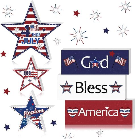 6 Pieces 4th of July Tiered Tray Decor Patriotic Wooden Star Table Signs Red White and Blue Decorations for Independence Day Living Room Shelf Tabletop Decor Memorial Day Decorations in Saudi Arabia