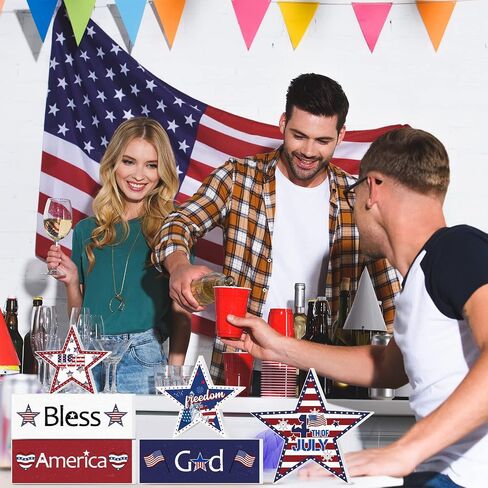 6 Pieces 4th of July Tiered Tray Decor Patriotic Wooden Star Table Signs Red White and Blue Decorations for Independence Day Living Room Shelf Tabletop Decor Memorial Day Decorations in Saudi Arabia