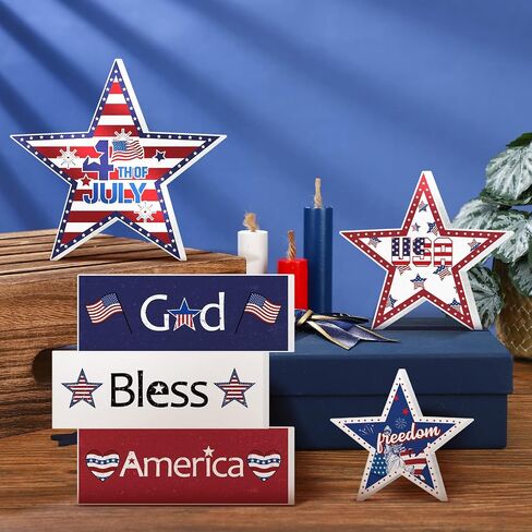 6 Pieces 4th of July Tiered Tray Decor Patriotic Wooden Star Table Signs Red White and Blue Decorations for Independence Day Living Room Shelf Tabletop Decor Memorial Day Decorations in Saudi Arabia