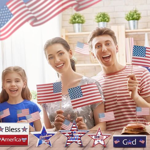 6 Pieces 4th of July Tiered Tray Decor Patriotic Wooden Star Table Signs Red White and Blue Decorations for Independence Day Living Room Shelf Tabletop Decor Memorial Day Decorations in Saudi Arabia