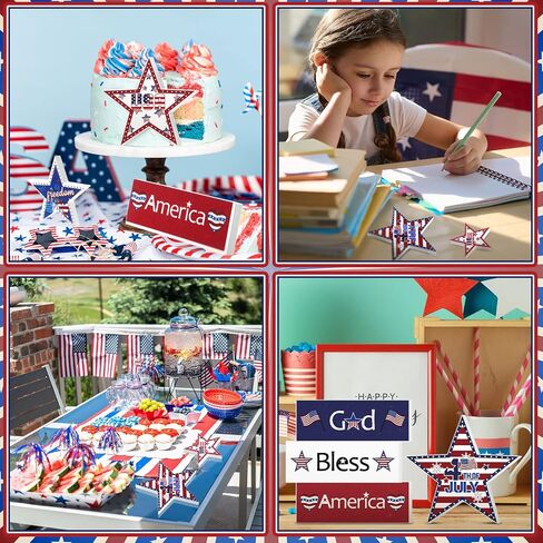 6 Pieces 4th of July Tiered Tray Decor Patriotic Wooden Star Table Signs Red White and Blue Decorations for Independence Day Living Room Shelf Tabletop Decor Memorial Day Decorations in Saudi Arabia