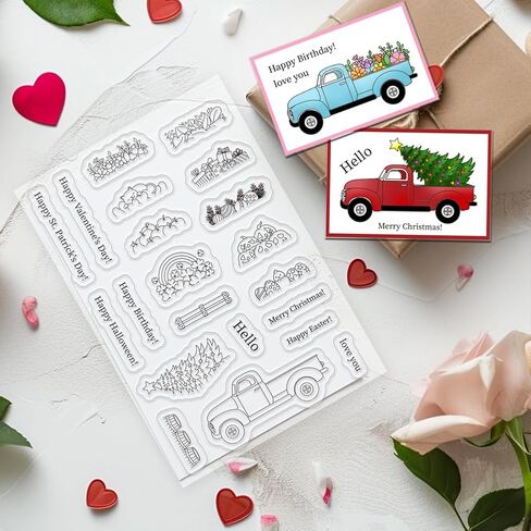 Gift Car Clear Stamp for Card Making Festival Words Rubber Stamps Holiday Silicone Stamps for DIY Scrapbooking Pickup Truck with Flower Heart Gift Transparent Rubber Stamps for Crafting in Saudi Arabia