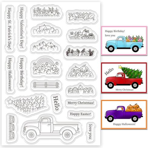 Gift Car Clear Stamp for Card Making Festival Words Rubber Stamps Holiday Silicone Stamps for DIY Scrapbooking Pickup Truck with Flower Heart Gift Transparent Rubber Stamps for Crafting in Saudi Arabia