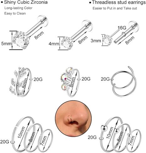 25 قطعة 316L الفولاذ المقاوم للصدأ الغضروف هوب أقراط للنساء الفتيات الغضروف أقراط الزنمة الحلزون أقراط هوب روك Daith محارة أقراط مسمار الحاجز ثقب المجوهرات in Kuwait