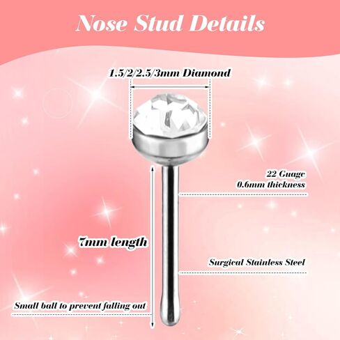 Yolev 60pcs Nose Studs for Women Stainless Steel Nose Rings Studs Silver Nose Piercings Stud Small Nose Studs Nose Piercing Jewelry 1.5/2.0/2.5mm in Saudi Arabia