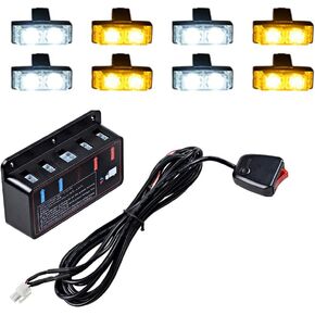 Astra Depot Grille Led Strobe Lights for Trucks Vehicles Suvs, 8pcs White Amber Emergency Warning Lights Caution Hazard Construction Ultra Slim Sync Feature Car Truck with Main Control Switch