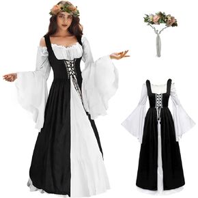 Renaissance Dress Women Medieval Costume Fairy Dress Ren Faire Dress with Flower Headband Wreath for Halloween
