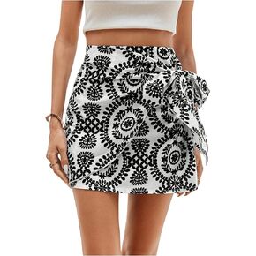 WDIRARA Women's Allover Print Knot Side High Waist Wrap Skirt Zipper Back Boho Mini Skirt