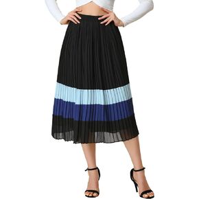 Allegra K Women's Summer Elastic Waist Color Block A-Line Pleated Chiffon Midi Skirt