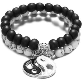 Yin Yang Matching Bracelet for Couple Best Friends Long Diatance Relationship Tai Ji Charm Bracelet Natural Frosted Turquoise Beaded Elastic Bracelets for Boyfriend Girlfriend Valentine's Day Gift