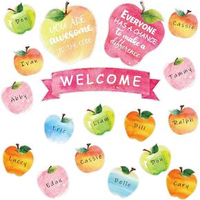 63 Pieces Watercolor Apple Cutouts Bulletin Board Set Fruit Cutouts for Classroom Wall Decorations Motivational Apple Stickers Fall Classroom Decor Name Tags