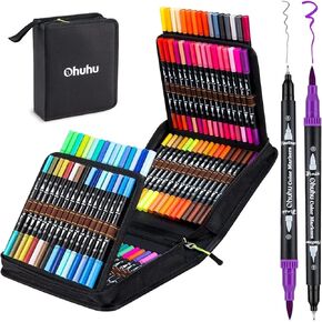Ohuhu Markers for Adult Coloring Books: 120 Colors Brush Pens Dual Brush Fine Tip Drawing Pens Water-Based Coloring Markers for Calligraphy Bullet Journal with Carrying Case - Maui - Black