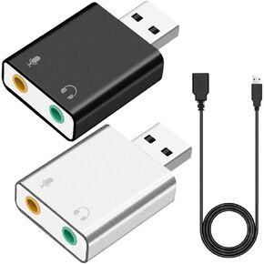 USB External Stero Sound Adapter with 3.5mm Speaker-Headphone and Microphone Jack, External Stereo Sound Card to Any PC, Aluminum, with USB Female to Male Extension Cable (2 Pcs)